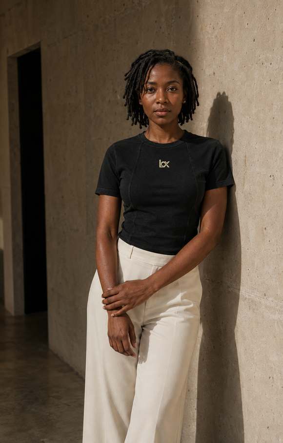 Woman wearing the black LOX shirt in a fitted silhouette